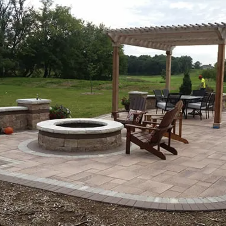 image of a new patio with gazebo and fire pit along with some patio furniture